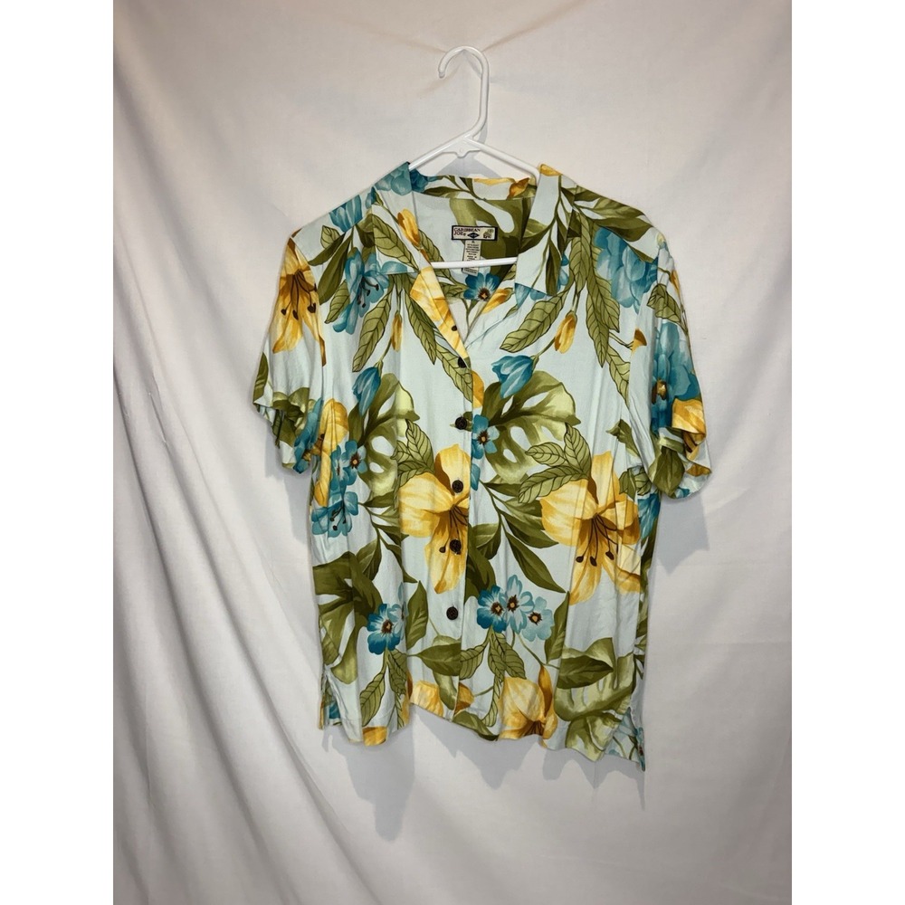 Caribbean Joe Women XL Silk Rayon Hawaiian Shirt Tropical Floral Camp Resort
